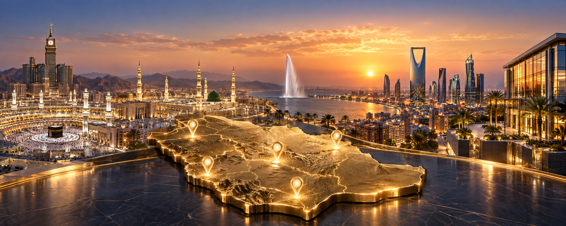 خريطة المملكة العربية السعودية مع مؤشرات المدن
